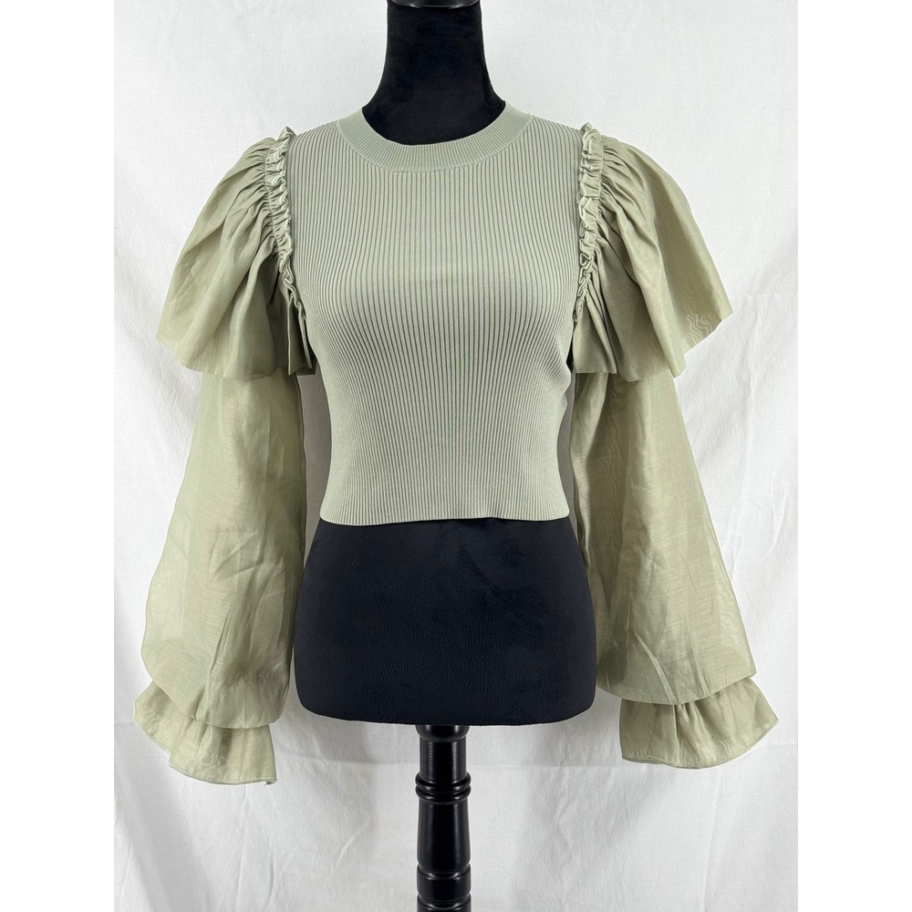 Zara‎ Sage Green Ribbed Knit Puff Sleeve Ruffle Top Small 2142/106/527/S